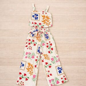 Retro Floral Two-Piece Set | Cropped Tank + Wide Leg Pants | Vacation / Resort